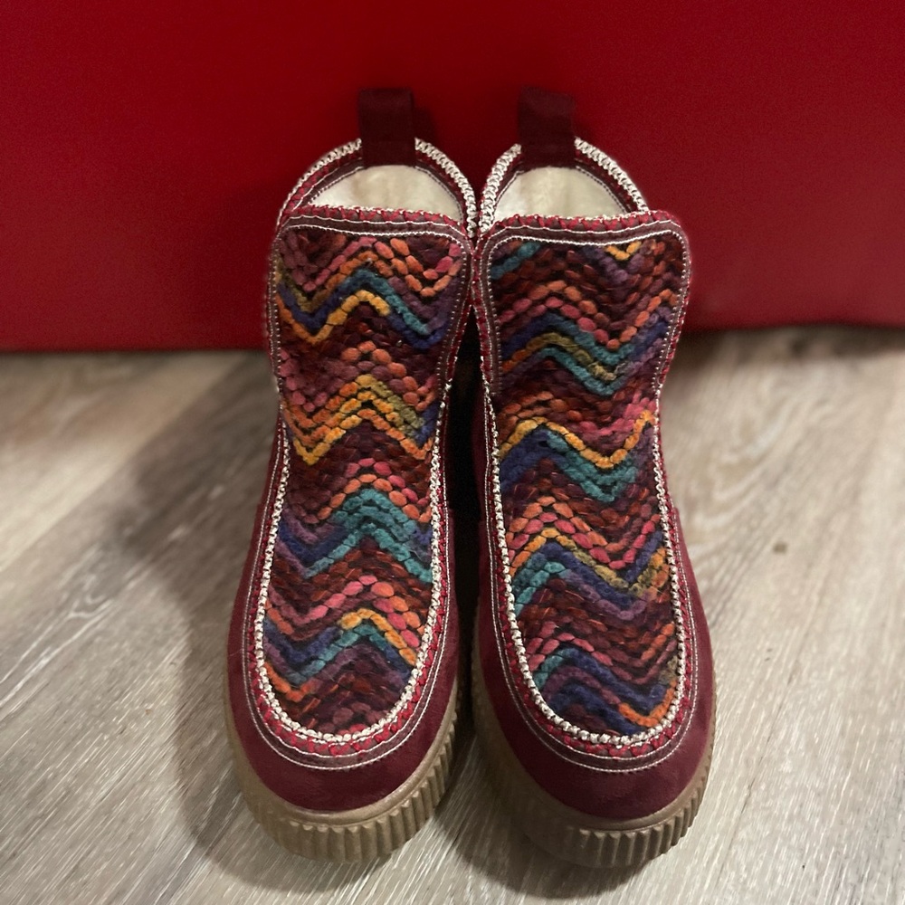 Wanted Multicolor Woven Ankle Boots with Burgundy Trim